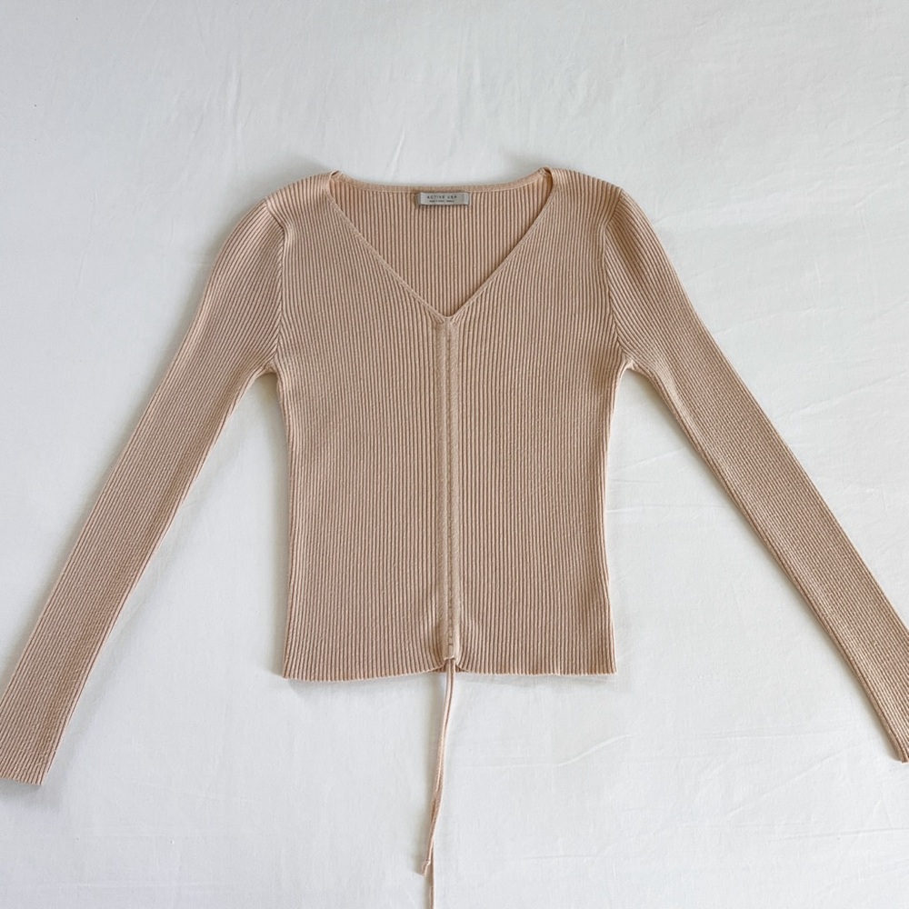 Active USA Ruched Long Sleeve Ribbed Top | Tan | Size S | NWOT - Picture 6 of 11